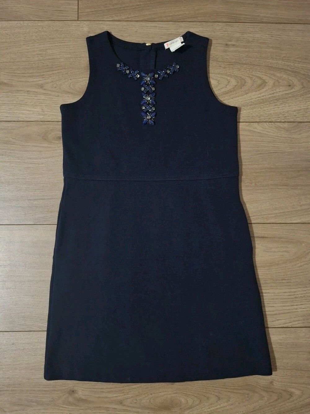 Crewcuts Girls Navy Shift Dress Rhinestones on Neckline Side Pockets Size 8 Blue